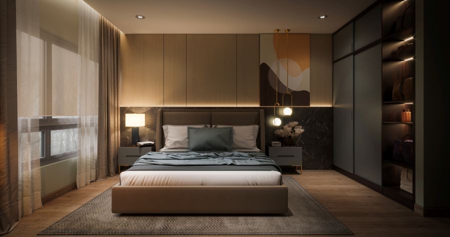 A soft-lit bedroom with various light fixtures and half-drawn shades.