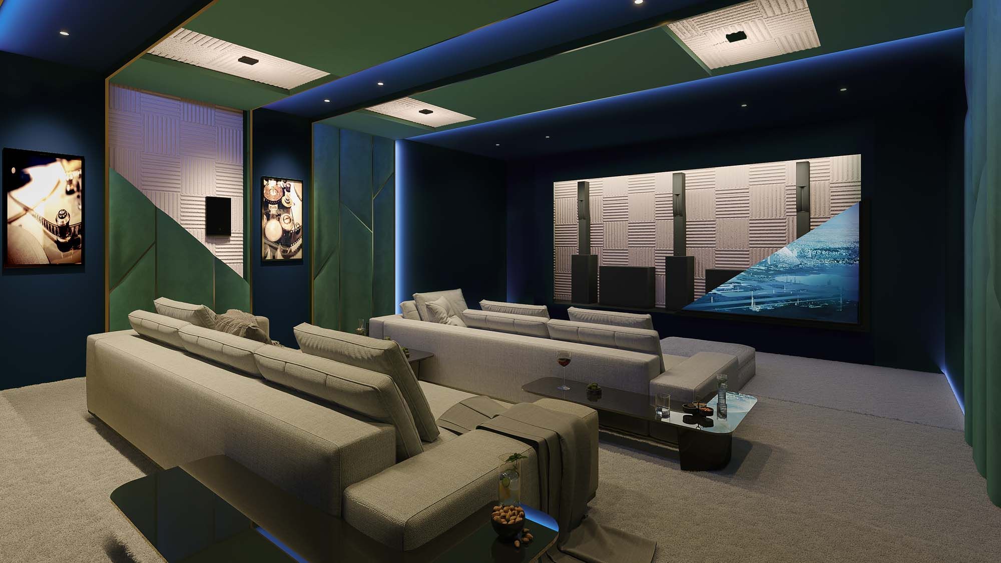 Theater room showing partial futuristic cityscape on large display