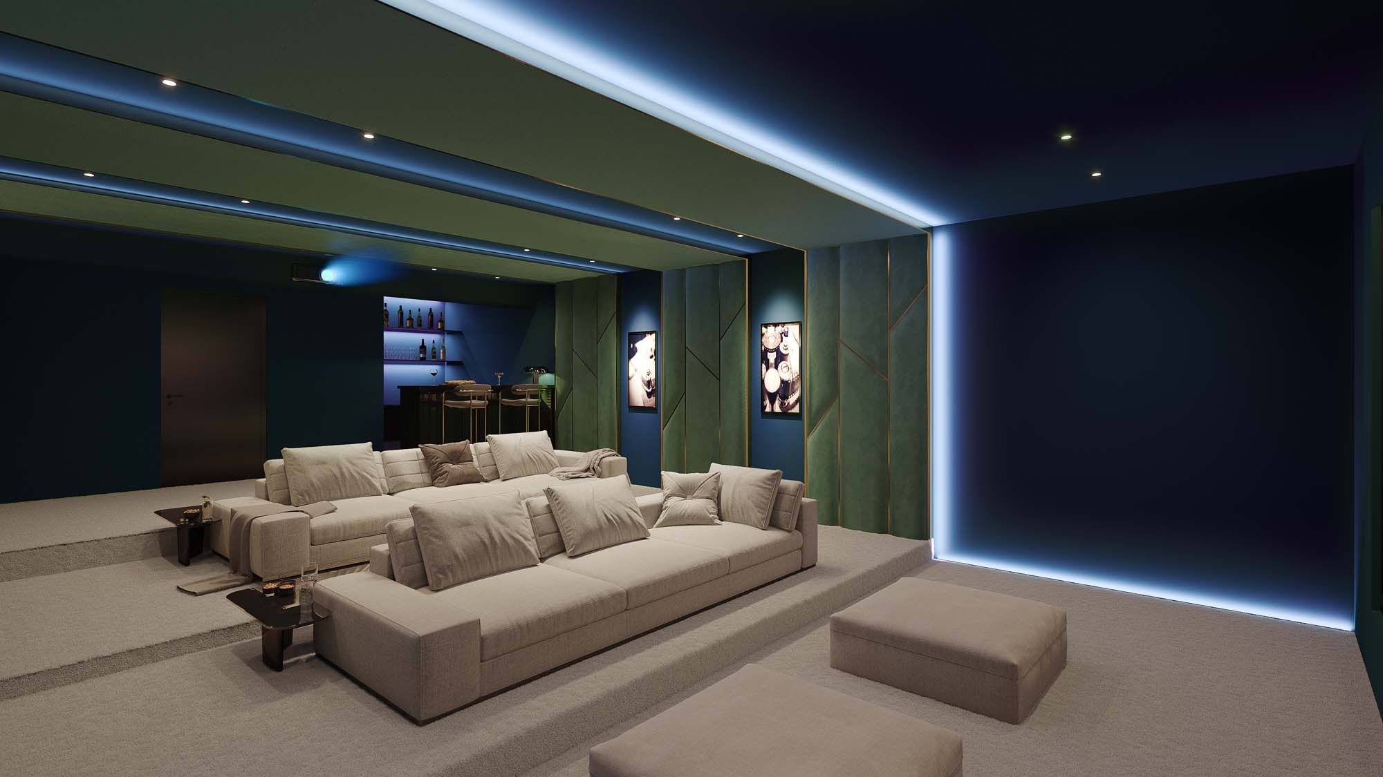 Home theater with beige sofas, green accent walls, and backlit decor